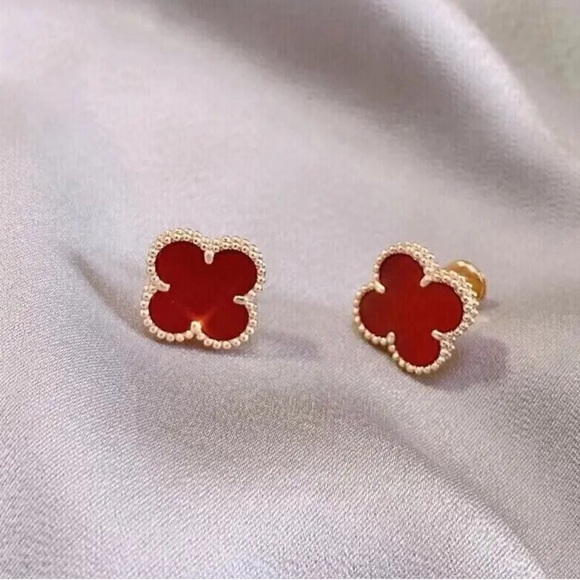 Jewelry - Four Leaf Stainless Steel Flower Red Flower Earrings